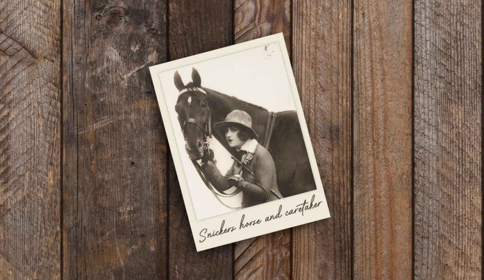 black and white polaroid image of woman and horse labeled